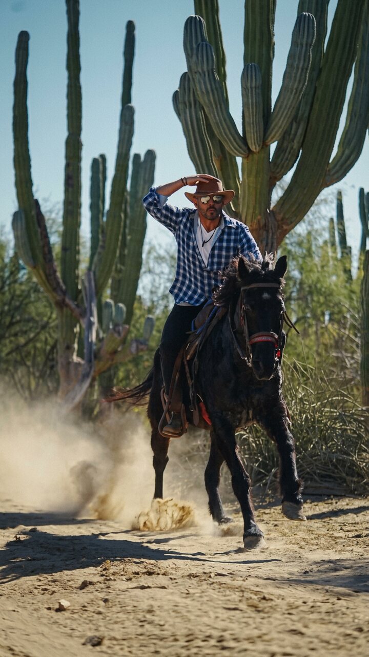 Raymond on horseback along a trail lined with cardón cacti