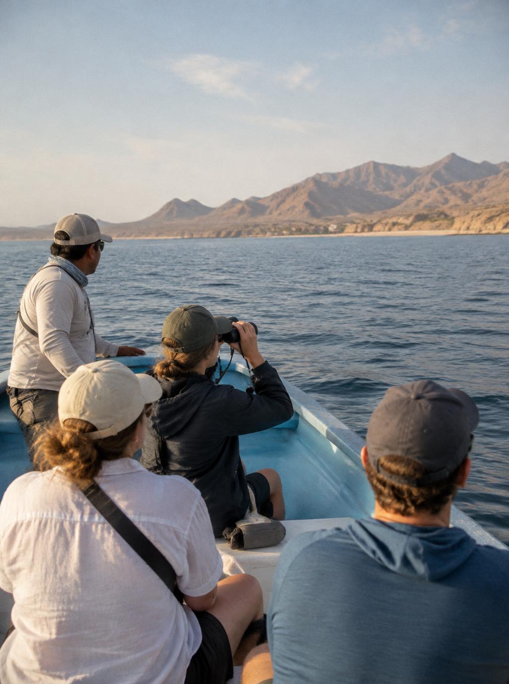 Guests on a panga boat watching for marine life