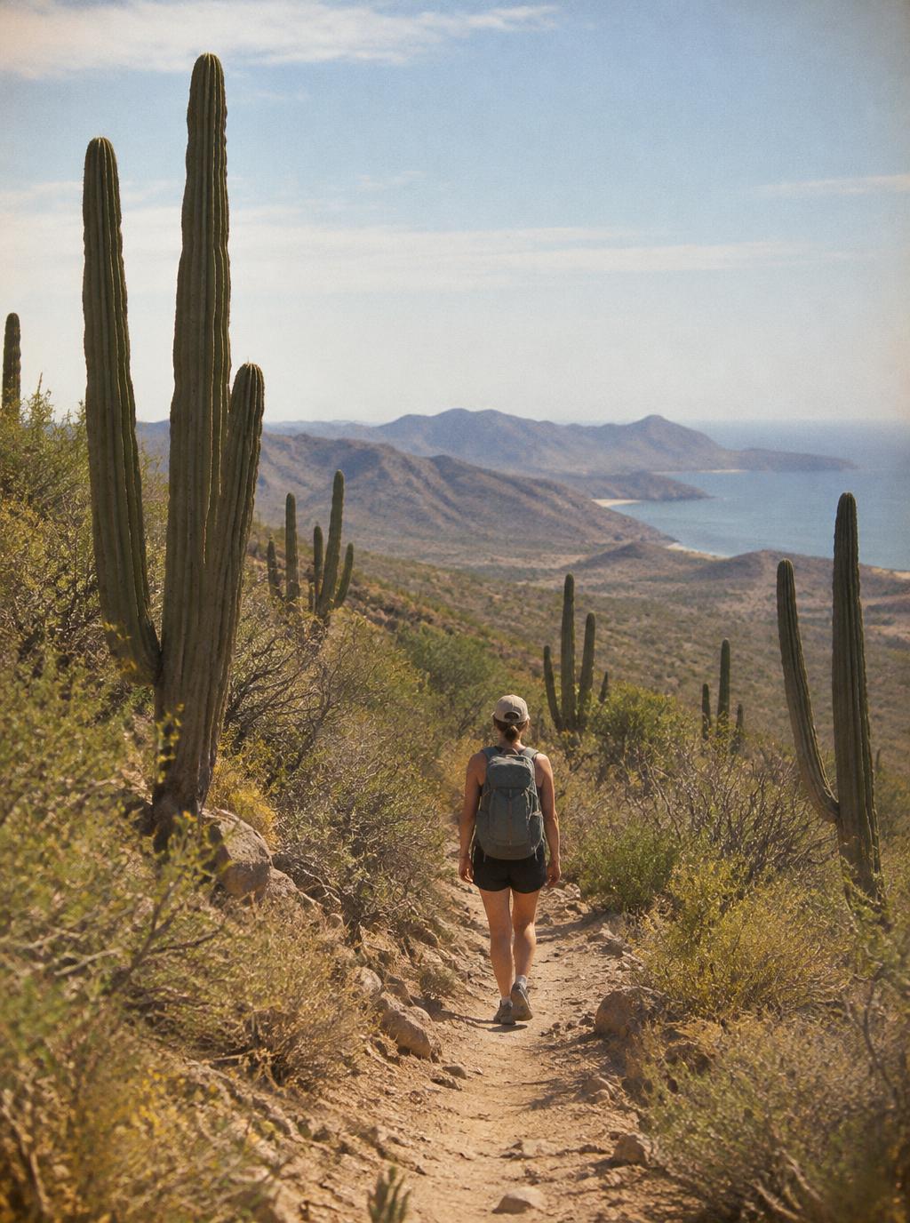 Hiker on a trail between cardones with the sea in the distance